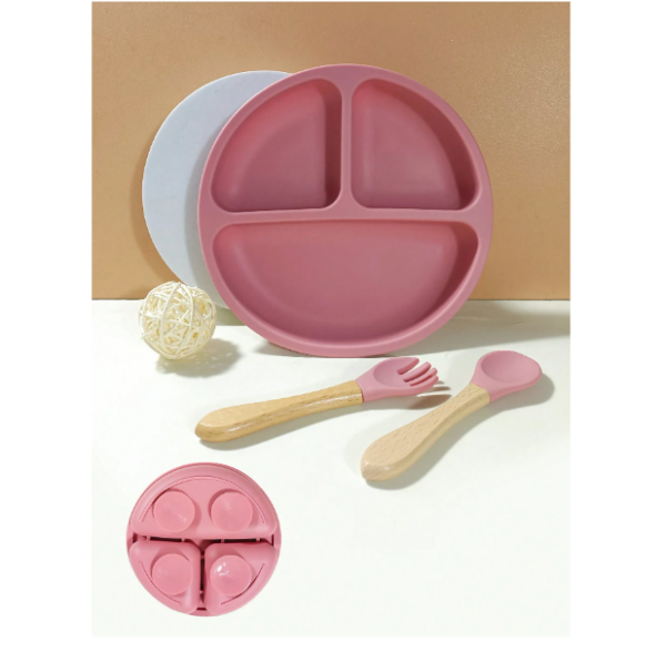 Assiette a Compartiment Avec Cuillère Et Fourchette En silicone Avec Ventouse – Image 2